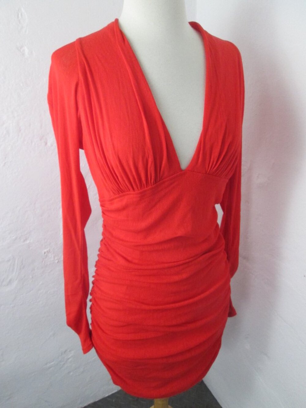 NEW Anthropologie Women's V-Neck Ruched Mesh Long Sleeve Mini Dress Red Size M